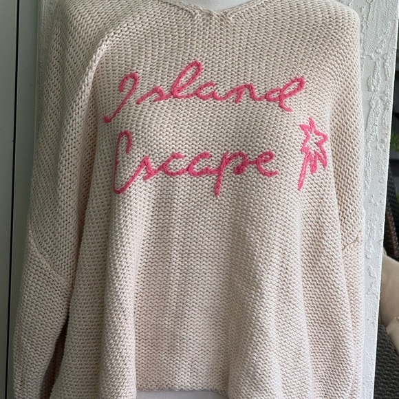 Vintage Havana V-Neck Sweater in Cream with Pink Script - Picture 1 of 8